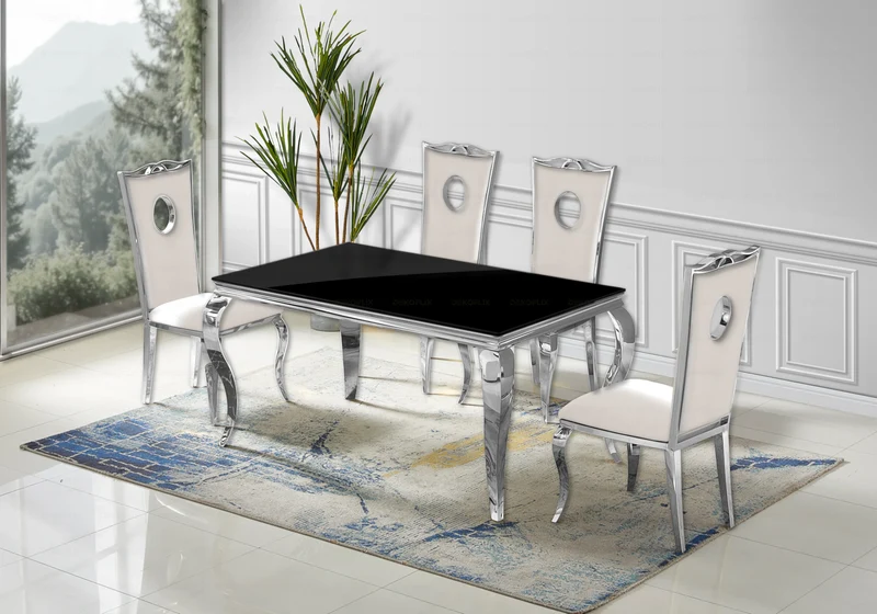 Ensemble table verre noir et 4 chaises argent – Neo