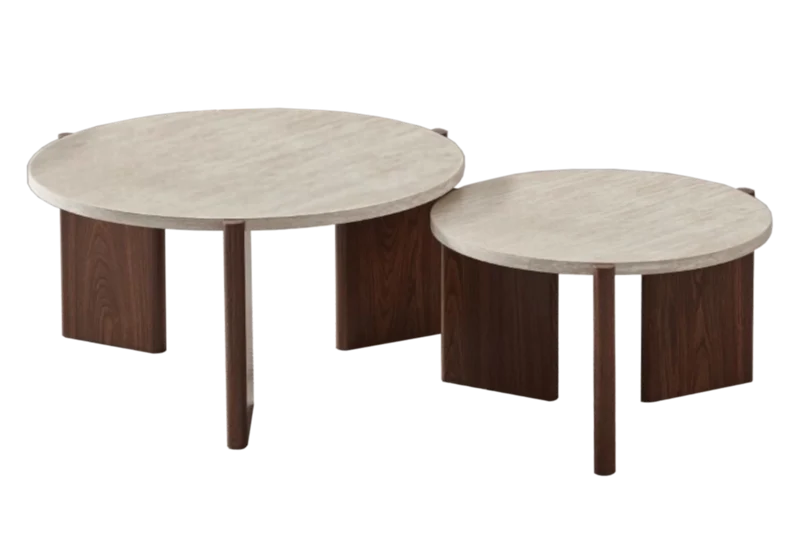 Tables basses gigognes travertin pieds noyer - Zora