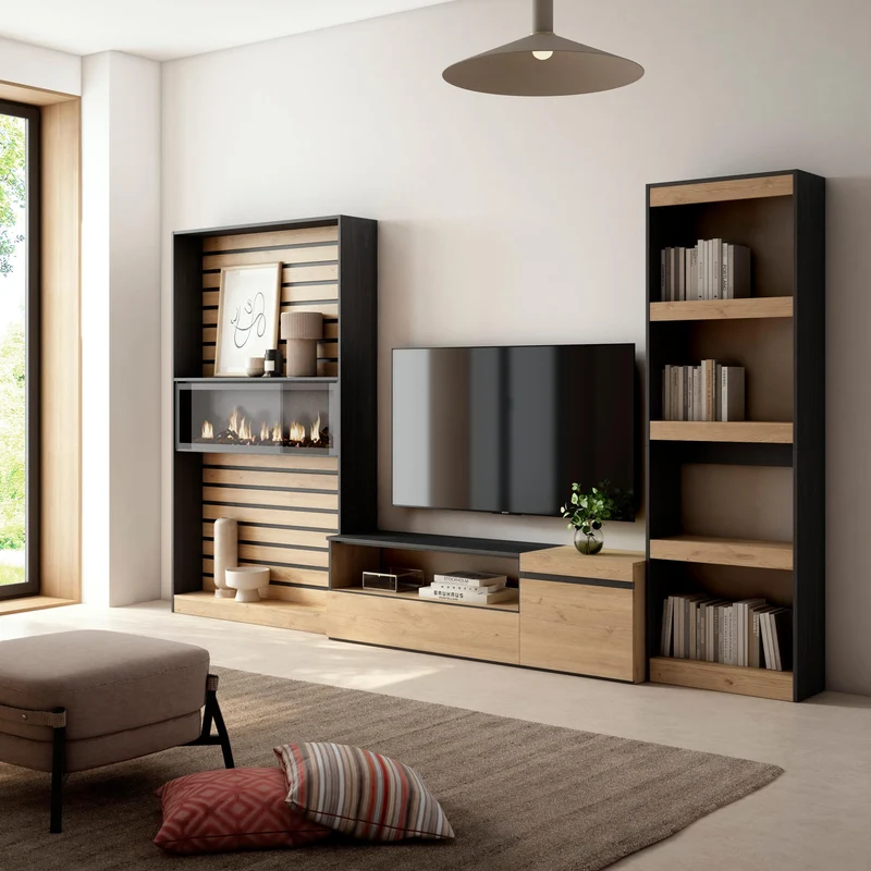 Ensemble Meuble TV - 320x186x35cm - Cheminée électrique - Chêne et noir