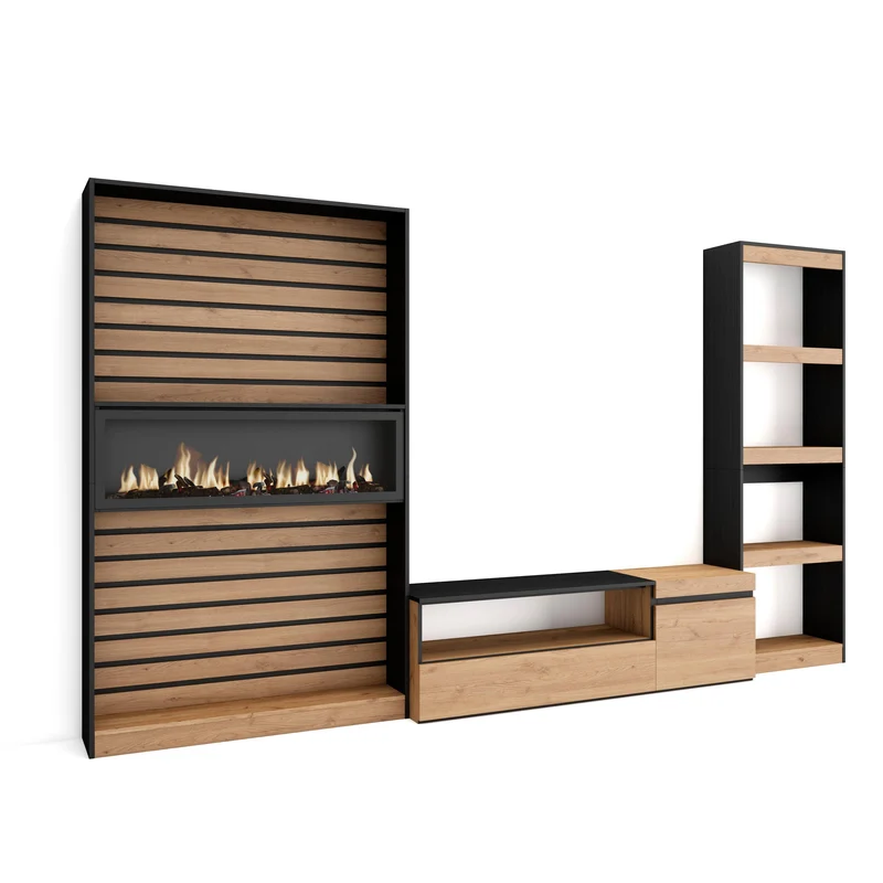 Ensemble Meuble TV - 320x186x35cm - Cheminée électrique - Chêne et noir