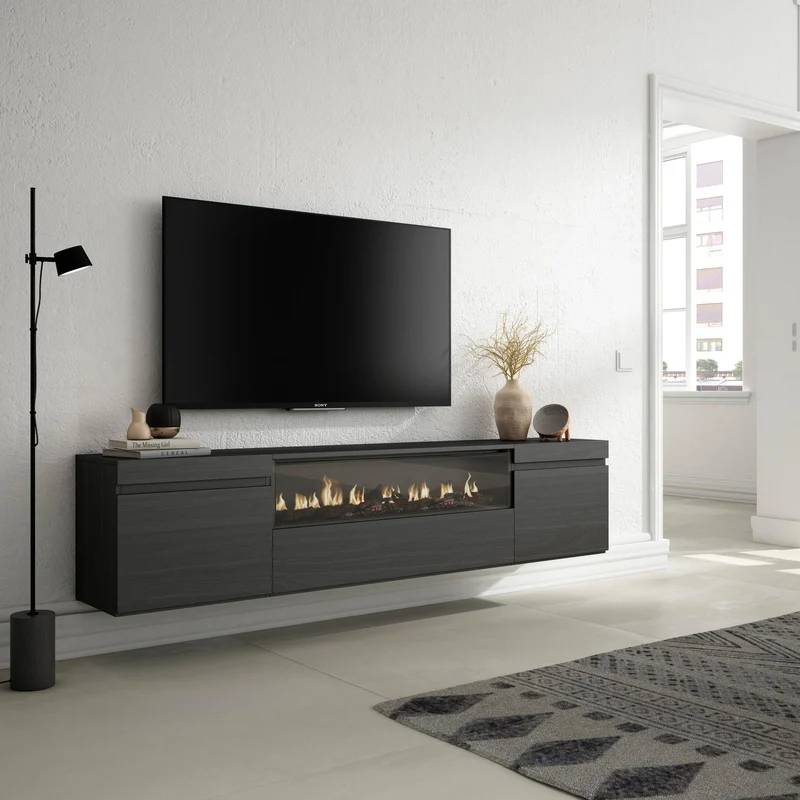 Meuble TV - 200x45x35cm - Cheminée électrique - Suspendu - Mural - Noir