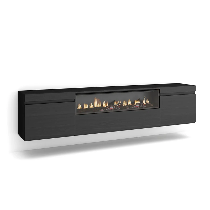 Meuble TV - 200x45x35cm - Cheminée électrique - Suspendu - Mural - Noir