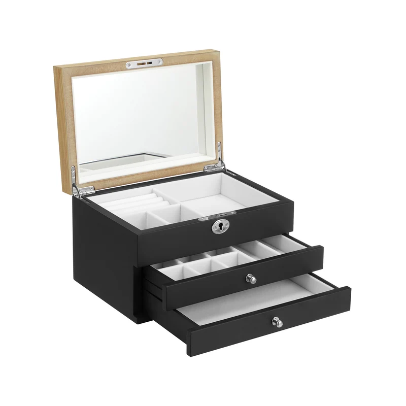 Caja Joyero con Espejo Grande Cerradura para Anillos Pendientes Pulseras Collares