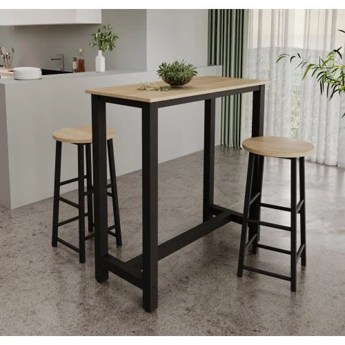Table haute avec 2 tabourets noirs & chêne clair - 100 X 100 cm - Anivia