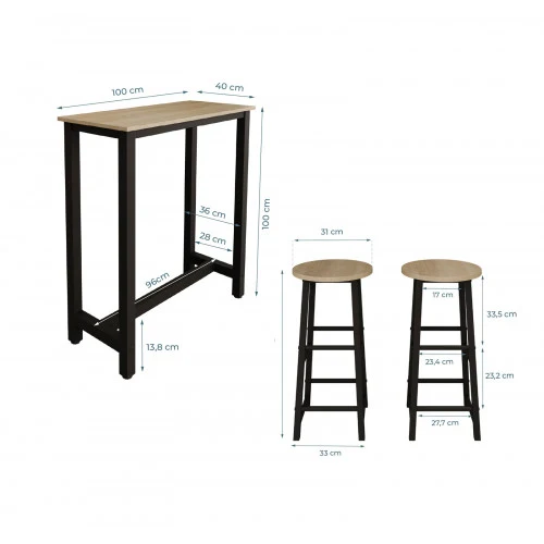 Table haute avec 2 tabourets noirs & chêne clair - 100 X 100 cm - Anivia
