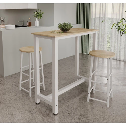 Table haute avec 2 tabourets blancs & chêne clair - 100 X 100 cm - Anivia