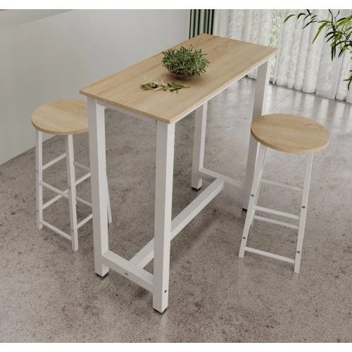 Table haute avec 2 tabourets blancs & chêne clair - 100 X 100 cm - Anivia