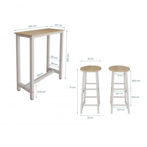 Table haute avec 2 tabourets blancs & chêne clair - 100 X 100 cm - Anivia