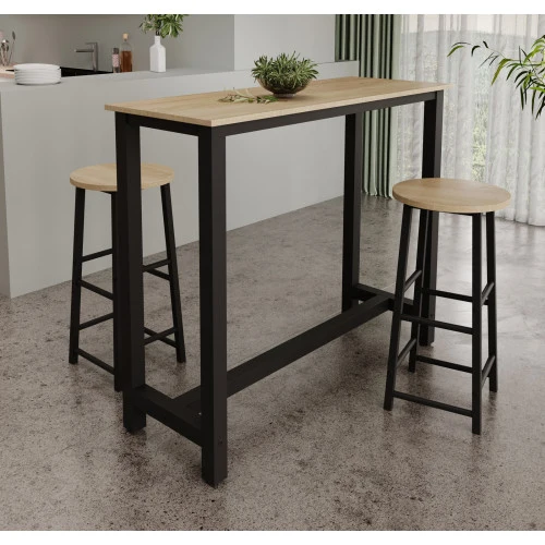 Table haute avec 2 tabourets noires & chêne clair - 120 X 100 cm - Anivia
