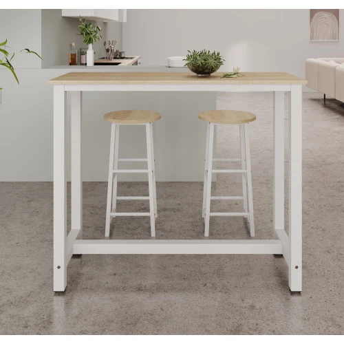 Table haute avec 2 tabourets blancs & chêne clair - 120 X 100 cm - Anivia