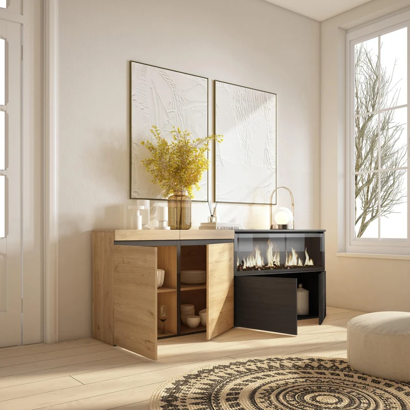 Meuble Buffet Moderne 4 Portes avec Cheminée LED XXL (côté droit) – 208x75x35 cm – Chêne & Noir
