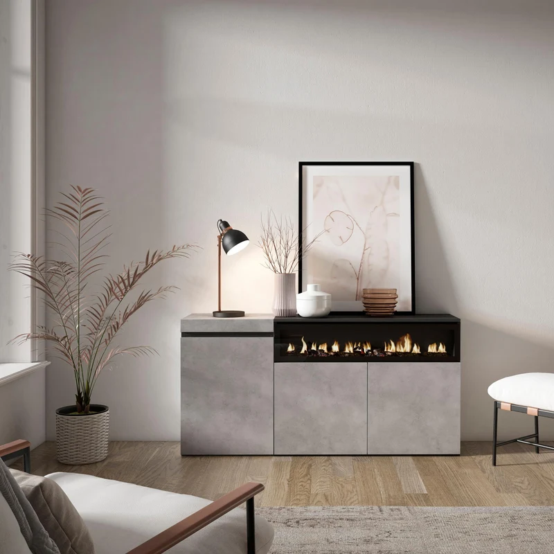 Meuble de rangement 3 portes avec cheminée électrique LED XXL (côté droit) - 150x75x35cm - Ciment