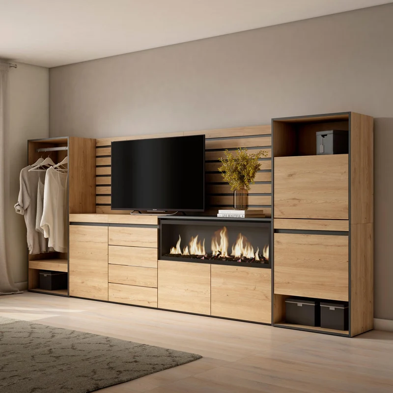Vestiaire & Meuble TV avec cheminée LED XXL - 334x145x35 cm - Chêne & noir