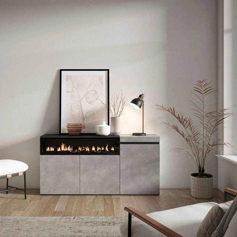 Meuble de rangement 3 portes avec cheminée LED XXL (côté gauche) - 150x75x35cm - Ciment