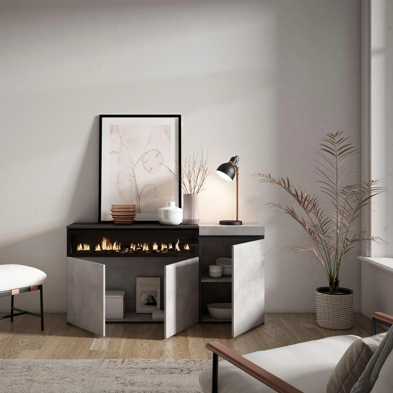 Meuble de rangement 3 portes avec cheminée LED XXL (côté gauche) - 150x75x35cm - Ciment
