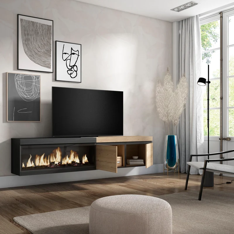 Meuble TV mural avec cheminée LED XXL (côté gauche) - Chêne et noir