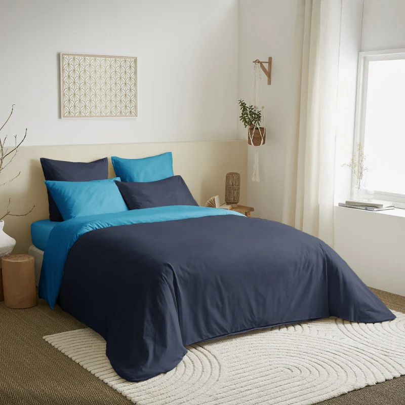Pack 6 pièces Housse de couette 240 x 220 cm pour lit 140 x 190 cm - 100% coton / 57 fils/cm² - Marine/Turquoise réversible