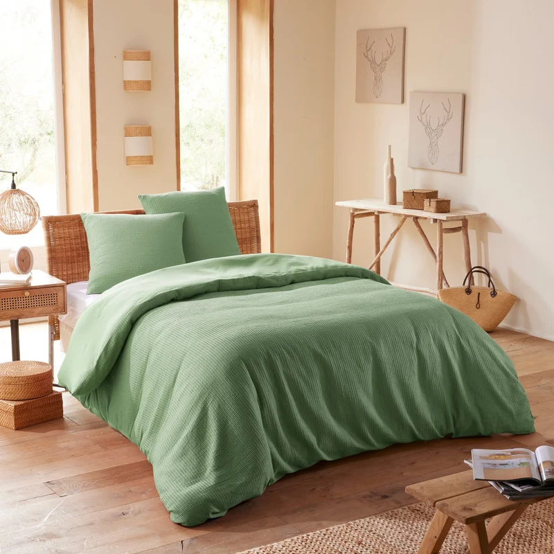 Pack 3 Pièces Housse de couette 260x240cm + 2 taies d'oreiller 65X65cm - nid d'abeille - Olive