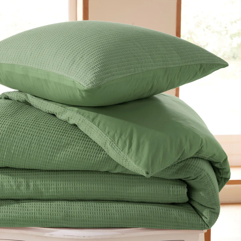 Pack 3 Pièces Housse de couette 260x240cm + 2 taies d'oreiller 65X65cm - nid d'abeille - Olive