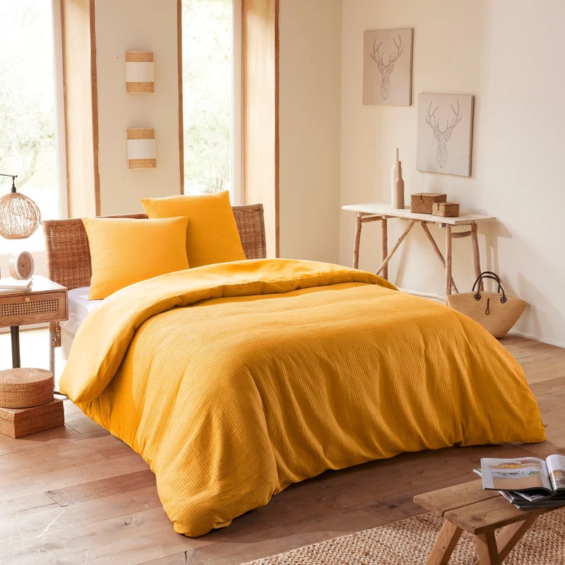 Pack 3 Pièces Housse de couette 240x220cm + 2 taies d'oreiller 65X65cm - nid d'abeille - Curry