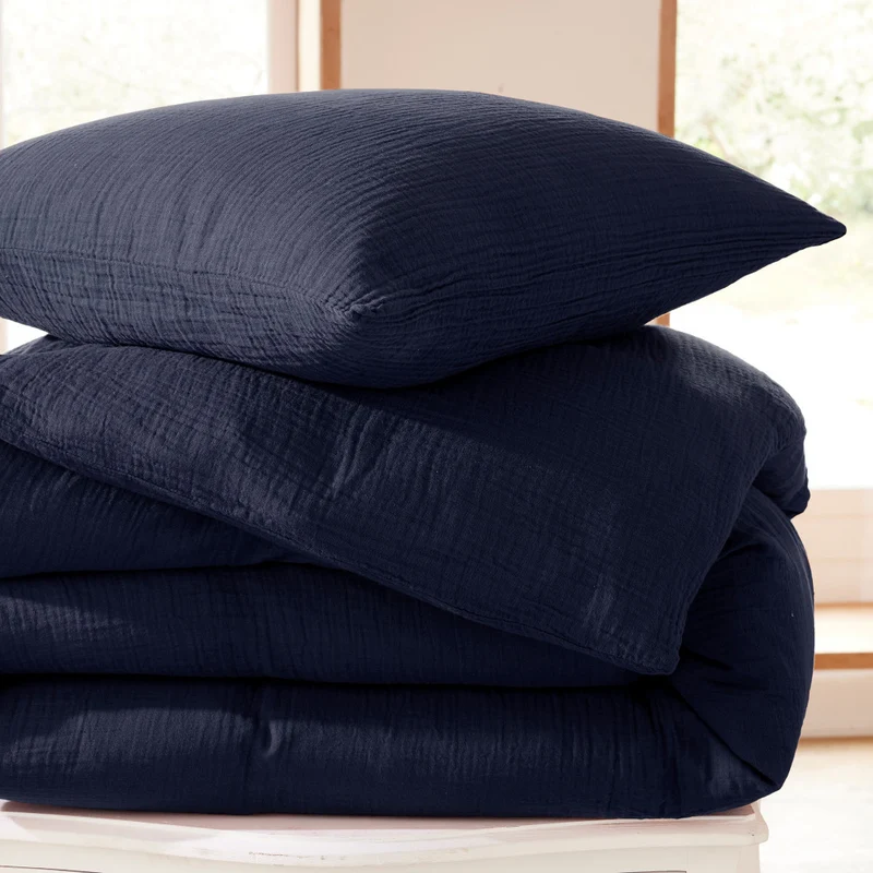 Pack 3 Pièces Housse de couette Gaze de Coton 140 x 200 cm - Bleu Nuit