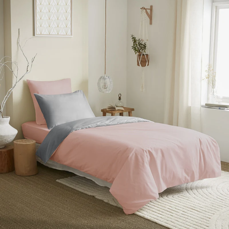 Pack 4 Pièces Housse de couette 140 x 200 cm - 100% coton / 57 fils/cm² - Rose/Gris réversible