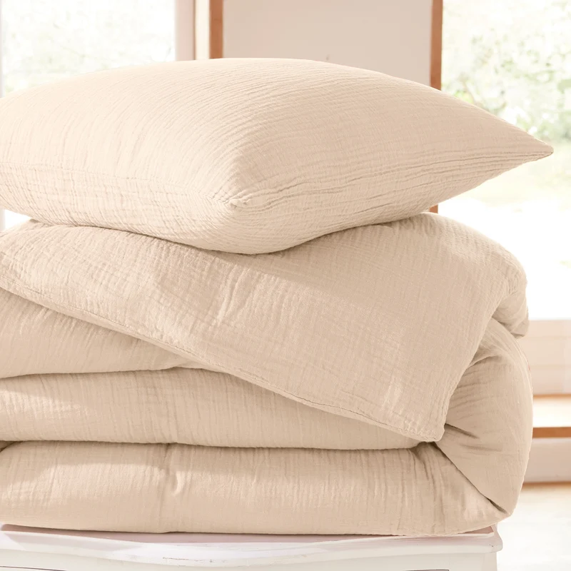 Pack 3 pièces Housse de couette - 260x240cm + 2 taies d'oreiller 65X65cm gaze de coton Naturel