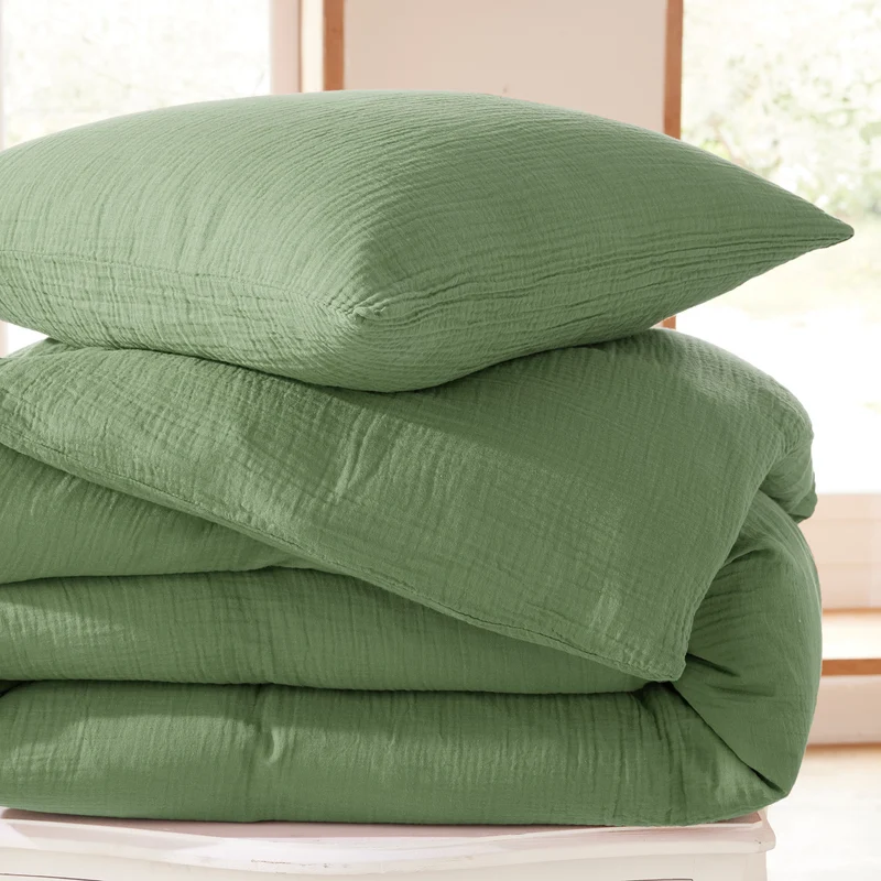 Pack 3 pièces Housse de couette - 240x220cm + 2 taies d'oreiller 65X65cm gaze de coton Olive