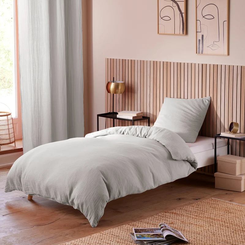 Pack 2 pièces Housse de couette - 140x200cm + 1 taie d'oreiller 65X65cm gaze de coton Perle