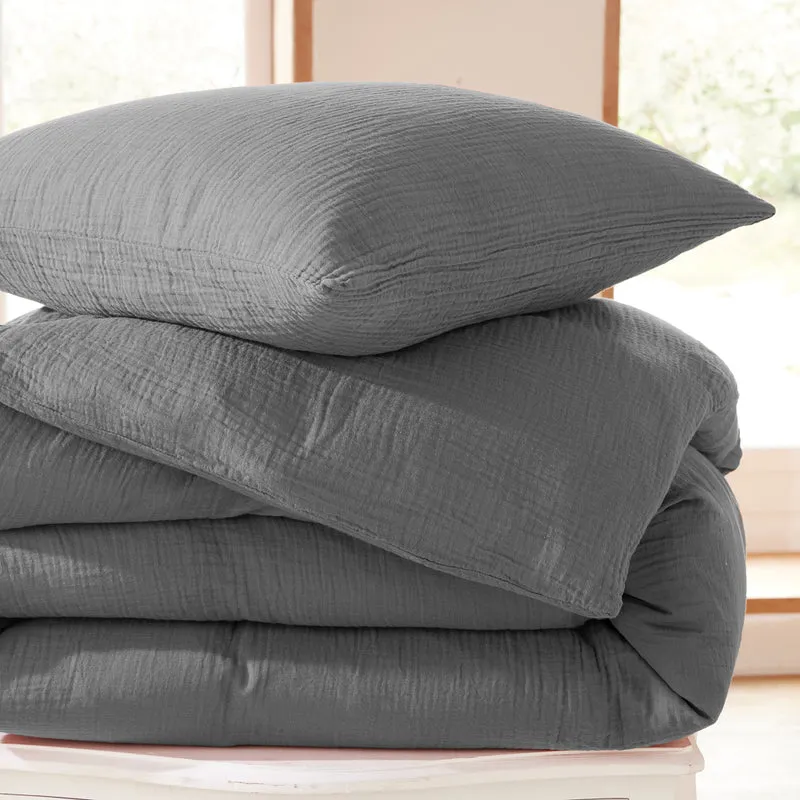 Pack 2 Pièces Housse de couette - 140x200cm + 1 taie d'oreiller 65X65cm gaze de coton Ardoise