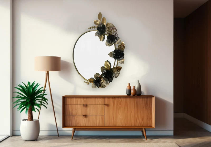 Miroir rond fleur métal doré noir - Oria