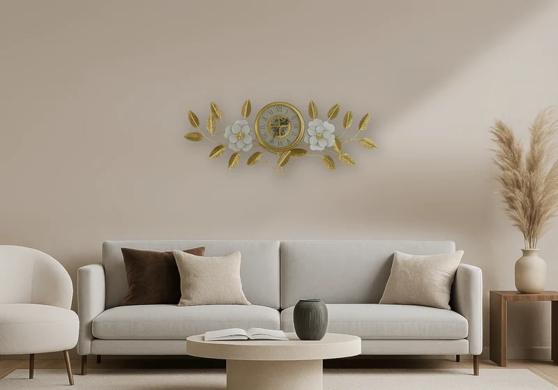Horloge murale fleur dorée blanche - Gearly