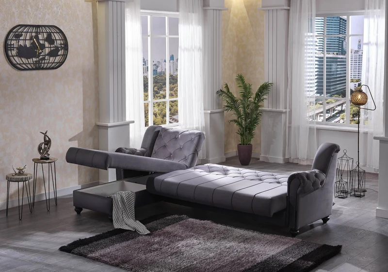 Canapé méridienne velours gris capitonné – MEVA