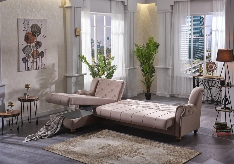 Canapé méridienne capitonné velours taupe – MEVA