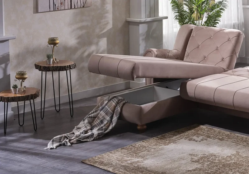 Canapé méridienne capitonné velours taupe – MEVA