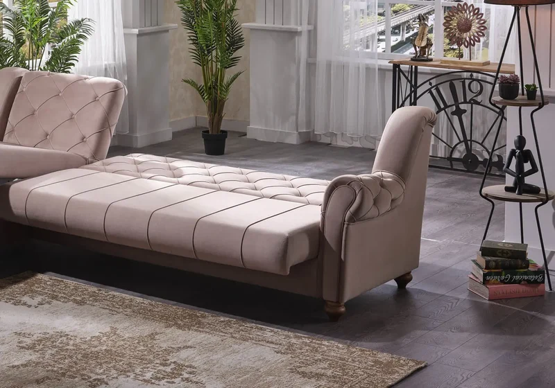 Canapé méridienne capitonné velours taupe – MEVA