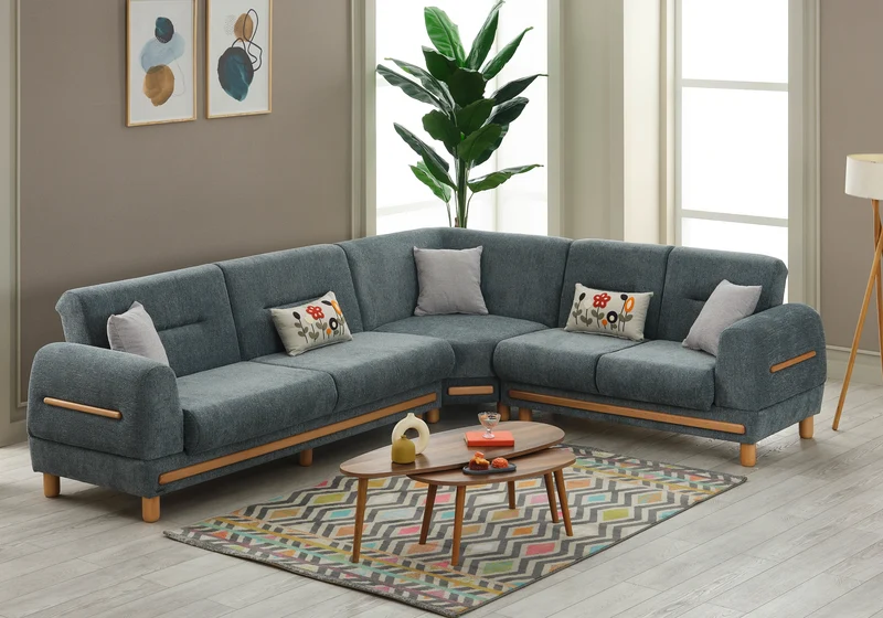 Canapé d’angle bois naturel vert graphite – LEONA