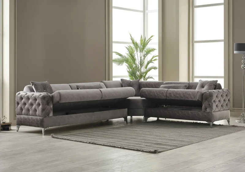 Canapé d’angle capitonné velours gris – Bosna