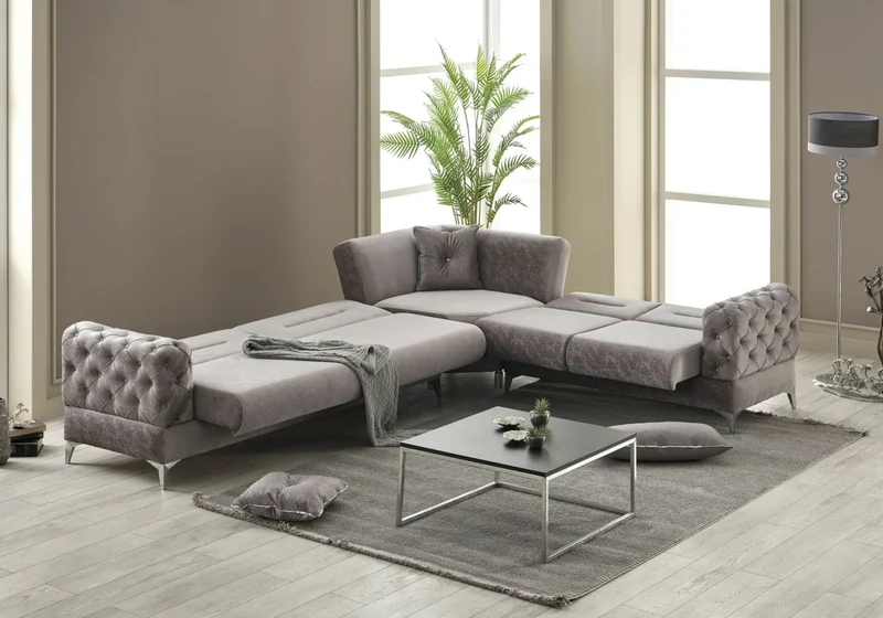 Canapé d’angle capitonné velours gris – Bosna