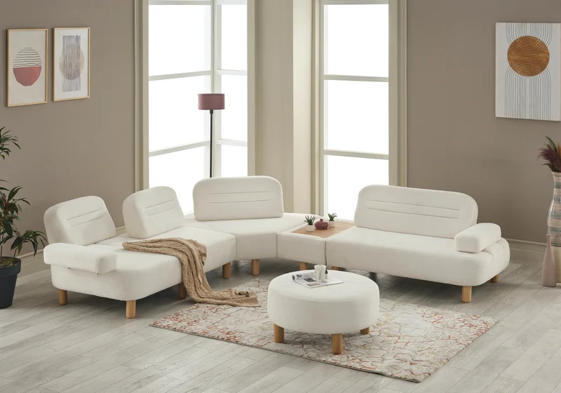 Canapé d’angle modulable bouclé blanc – ANGEL