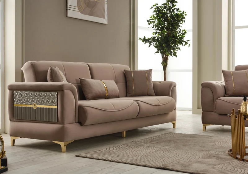 Canapé convertible design taupe et doré - LISA
