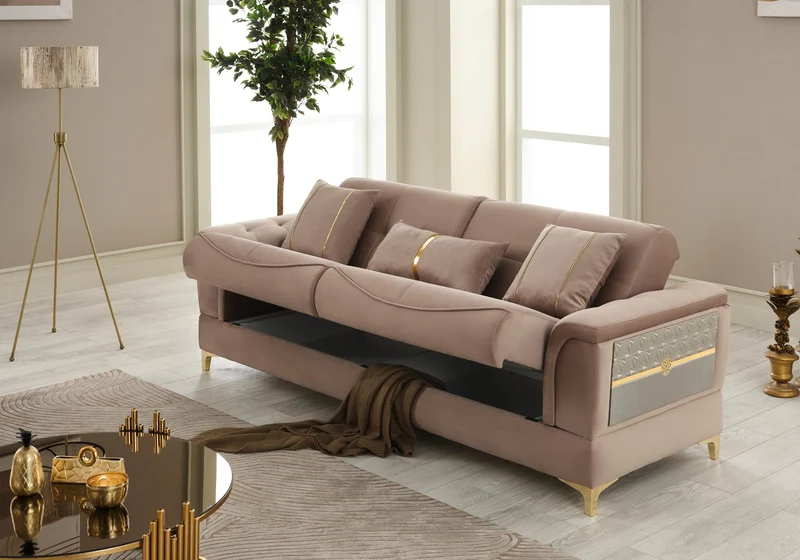 Canapé convertible design taupe et doré - LISA
