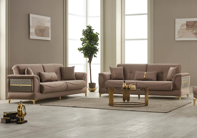 Canapé convertible design taupe et doré - LISA