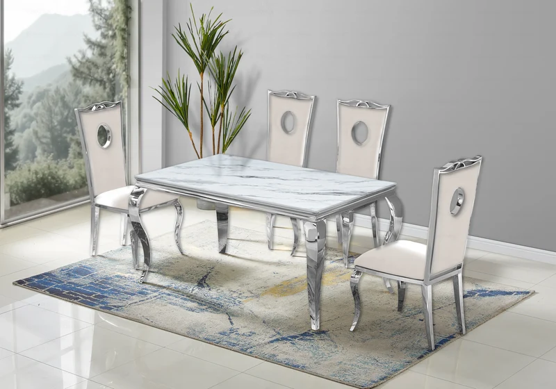 Chaise médaillon baroque argentée et velours beige - Pia x4