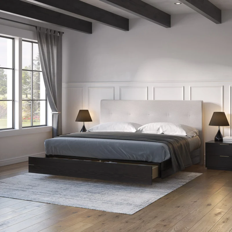 Lit complet avec tête rembourrée en tissu crème et une base à tiroirs Grand / Très grand - Sofia