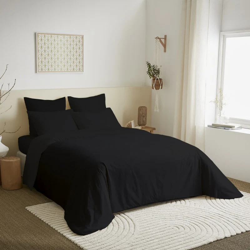 Pack 6 pièces Housse de couette Noir 220 x 240 cm - Drap housse 160 x 200 cm - 100% Coton 57 Fils