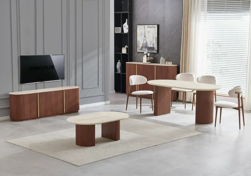 Table basse ovale travertin noyer cannelée - Terra
