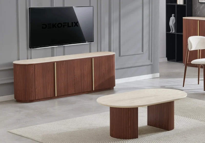Table basse ovale travertin noyer cannelée - Terra