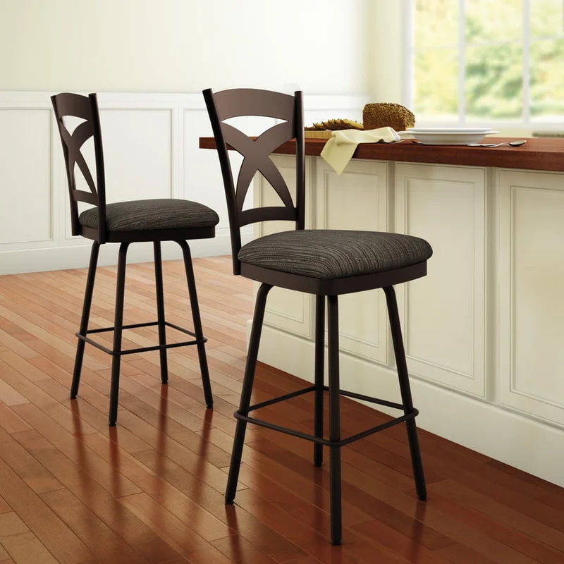 Tabouret de comptoir pivotant en métal titane avec une assise rembourrée en tissu ivoire - Marcus