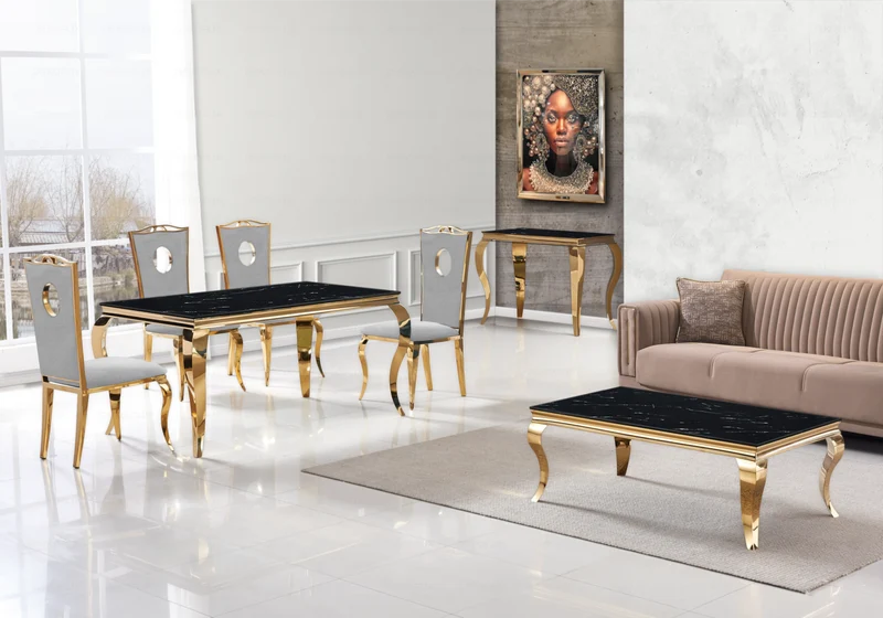 Chaise médaillon baroque dorée et velours gris - Pia x4